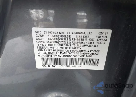 2011 Honda Pilot Lx из США, поврежденный, VIN 5FNYF4H20BB068785